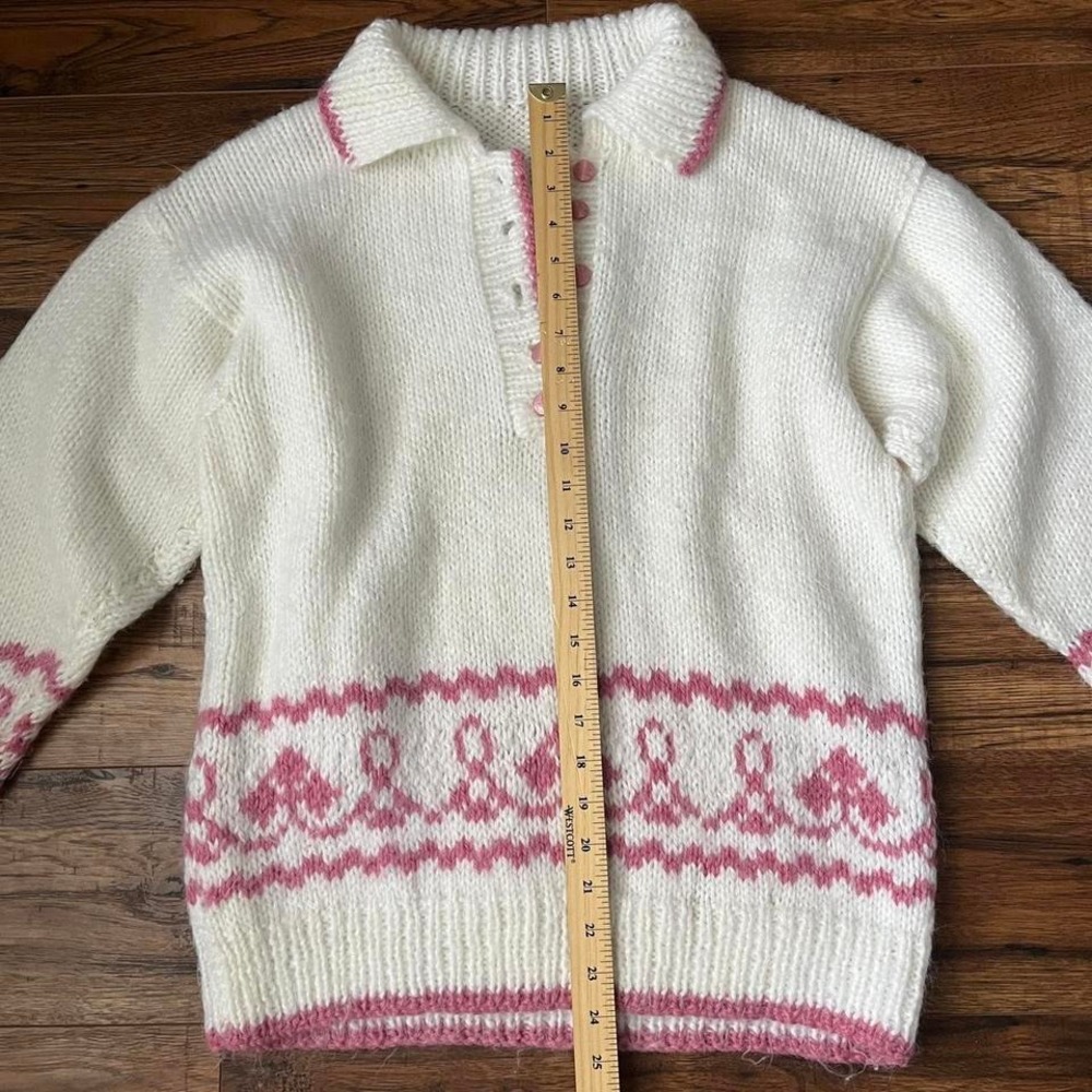Vintage Handknit Wool‎ Collar Button Pullover Sweater White Pink Medium Coquette - Picture 4 of 6
